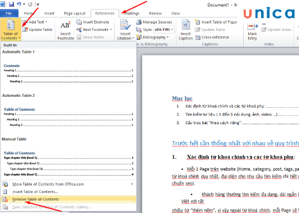 Chọn Remove Table of Contents