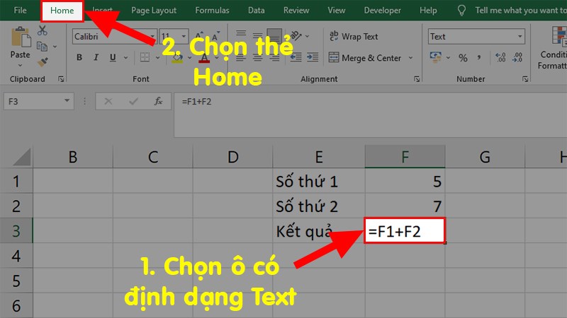 Chọn ô có chứa công thức bị mắc định dạng Text > Chọn thẻ Home