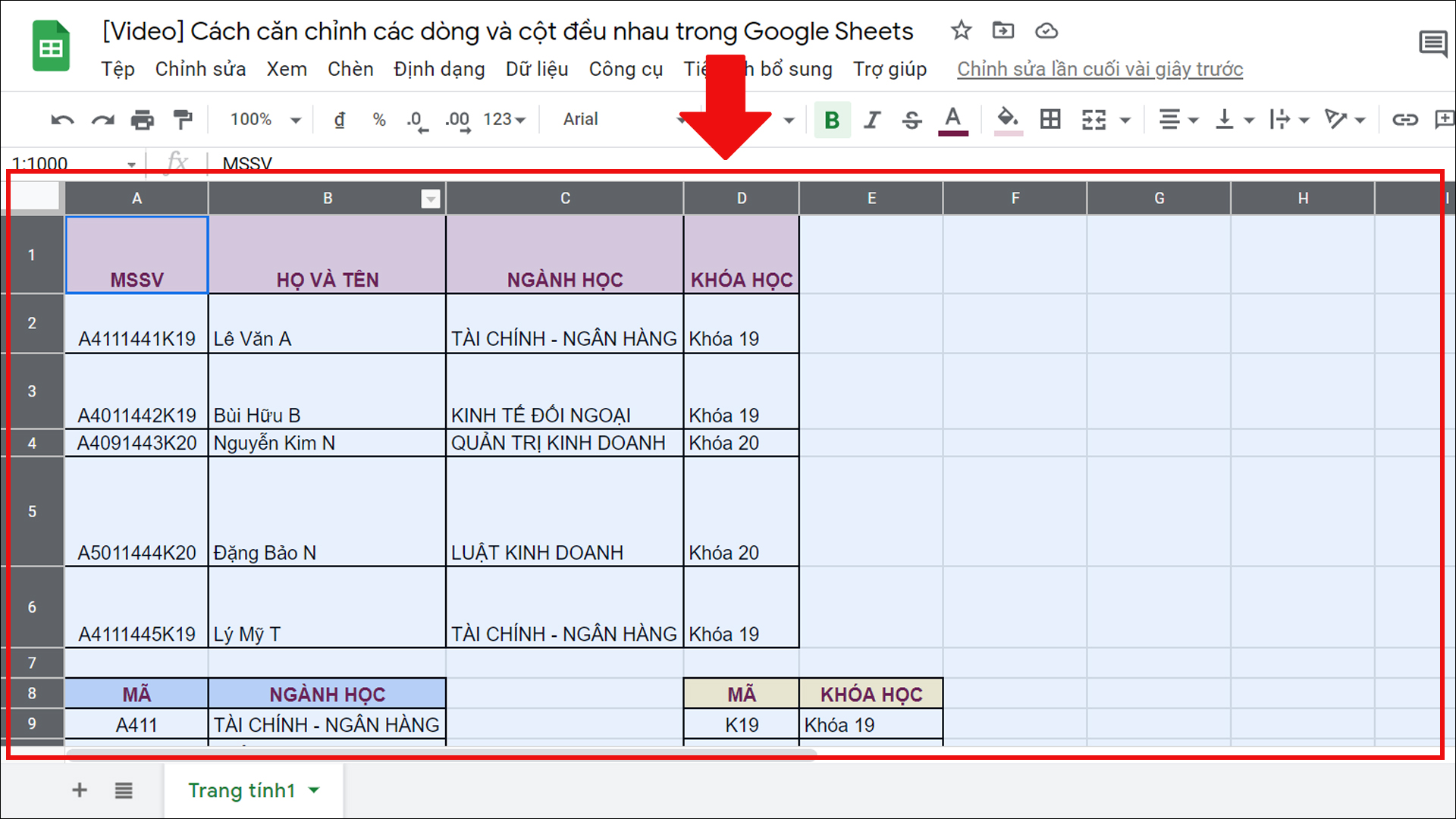 Chọn toàn bộ vùng dữ liệu trong Google Sheets