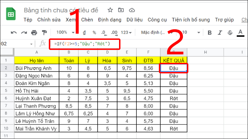 Hình minh họa cho hàm IF trong Google Sheet một điều kiện