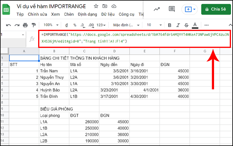 Trích dữ liệu từ Trang tính1 bằng hàm IMPORTRANGE