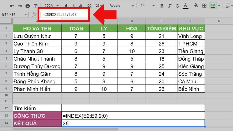 Ví dụ minh họa hàm INDEX