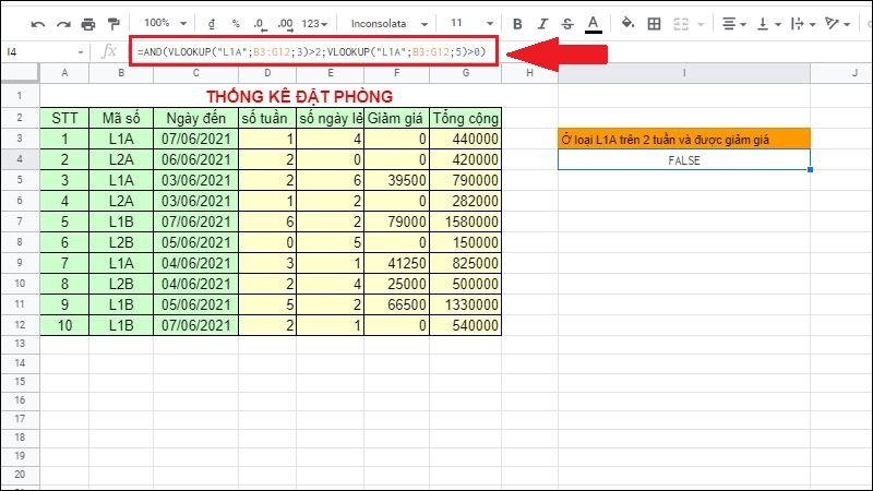 Kết hợp hàm AND và VLOOKUP trả về giá trị biểu thức so sánh số tuần và giảm giá