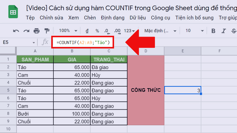 Ví dụ về hàm COUNTIF