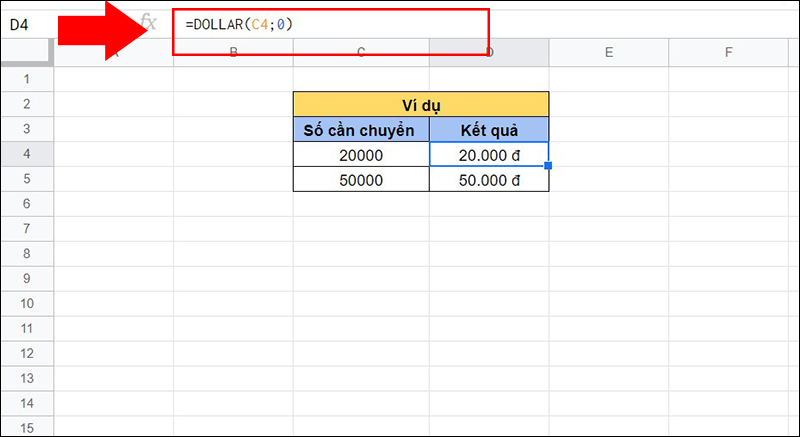 Ví dụ hàm DOLLAR