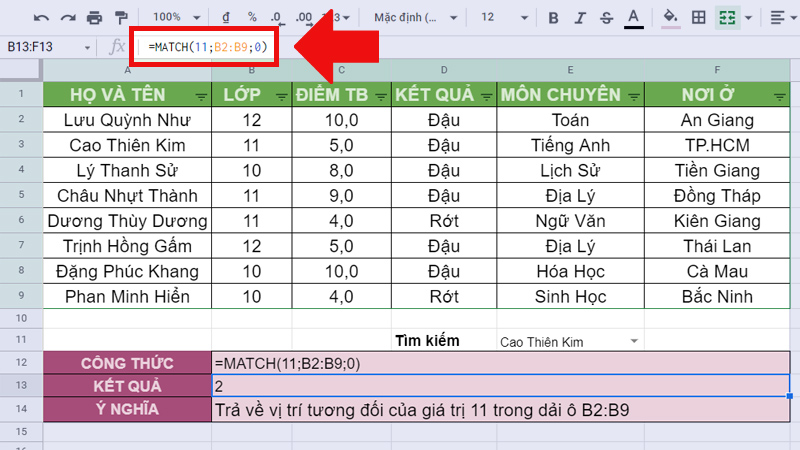 Ví dụ về hàm MATCH