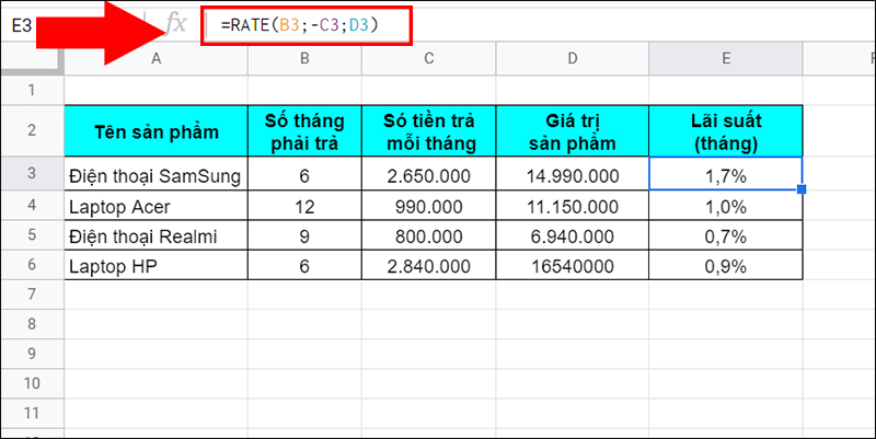 Ví dụ về hàm RATE