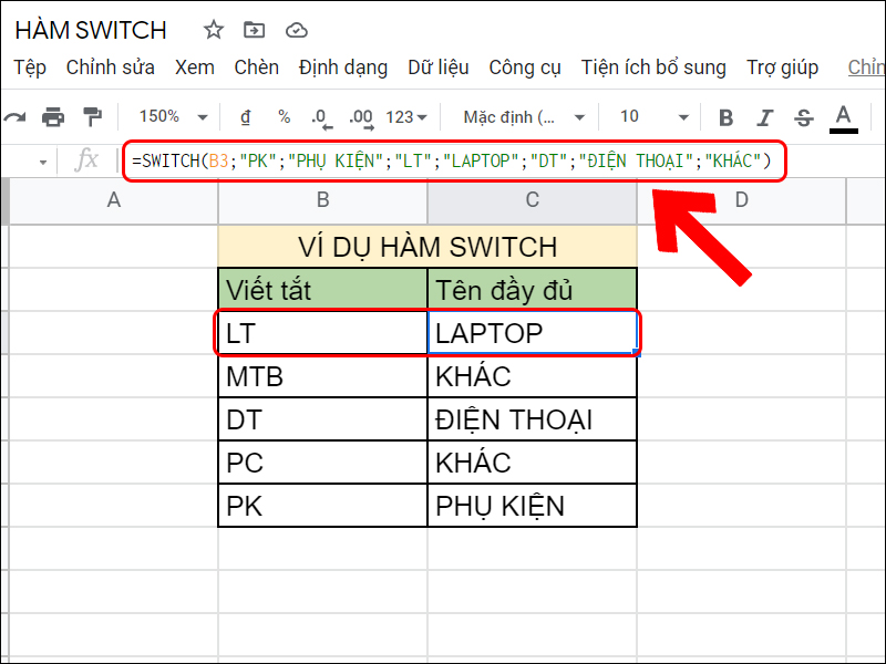 Một ví dụ sử dụng hàm SWITCH