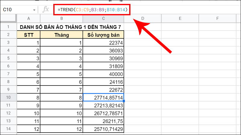 Dự đoán danh số bán áo trong tháng 8, tháng 9, tháng 10, tháng 11, tháng 12