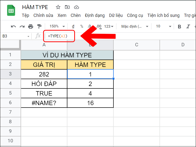 Ví dụ về hàm TYPE trong Google Sheet