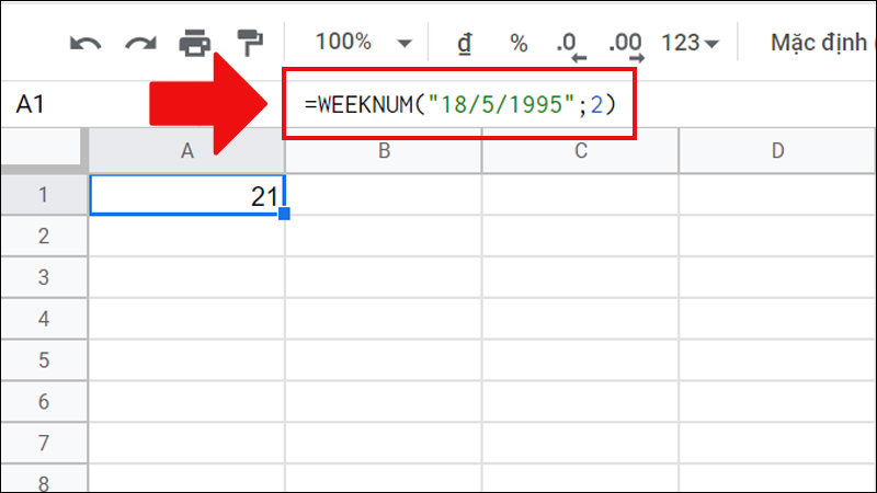 Ví dụ về hàm WEEKNUM