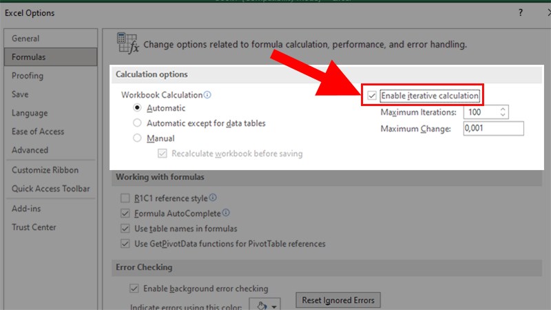 Đi đến phần Caculation options > Tích chọn vào Enable iterative calculation
