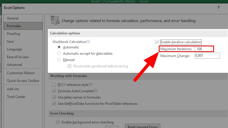 Chỉnh lại số vòng lặp tùy theo cách bạn muốn tính ở phần Maximum Iterations > Nhấn OK để lưu chỉnh sửa cho các lần tính toán sau