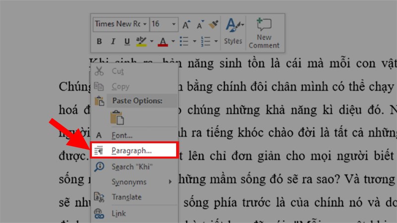 Nhấn Chuột phải > Paragraph hoặc nhấn vào biểu tượng mũi tên ở mục Paragraph trên thanh công cụ Home