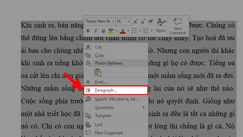 Tô chọn toàn bộ đoạn văn > Nhấp chuột phải > Chọn Paragraph