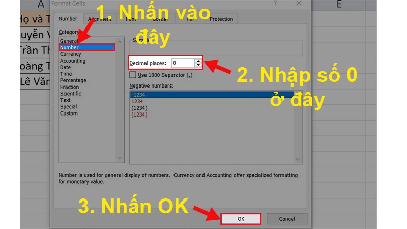 Hộp thoại Format Cells xuất hiện > Chọn Number > Ở mục Decimal places bạn nhập số 0 > Nhấn OK