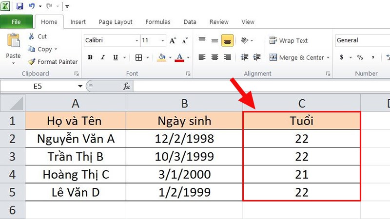 Kết quả sau khi áp dụng công thức cho các ô phía dưới