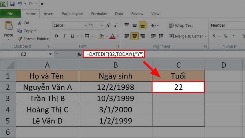 Nhập công thức =DATEDIF(C3,NOW(),”y”)