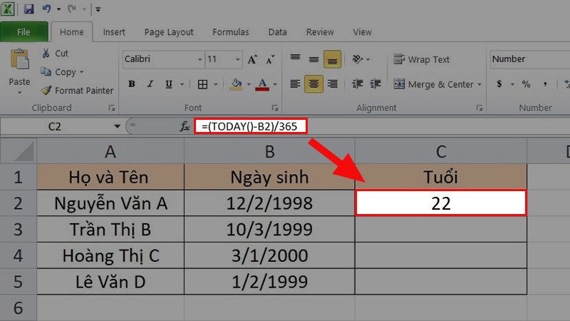 Nhập công thức tính tuổi như sau: =(TODAY()-B2)/365 vào ô cần tính > Nhấn Enter để có kết quả