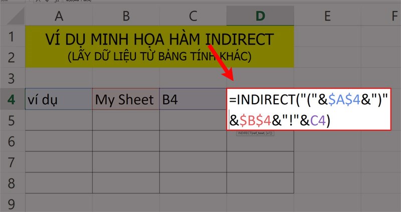 Ví dụ minh họa hàm INDIRECT tham chiếu động đến một bảng tính khác.