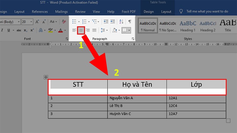 Đi đến mục Paragraph > Chọn Align Center để căn giữa ô