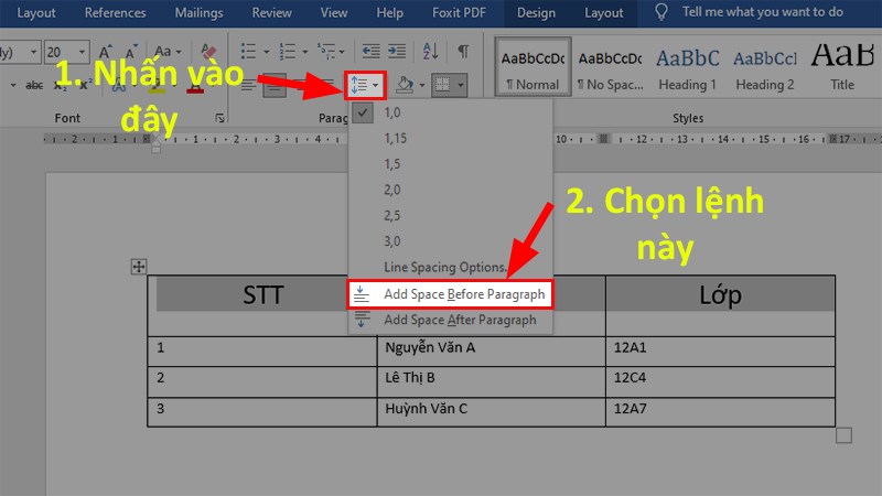 Chọn Line and Paragraph Spacing > Chọn Add Space Before Paragraph để căn chính giữa ô trong Word