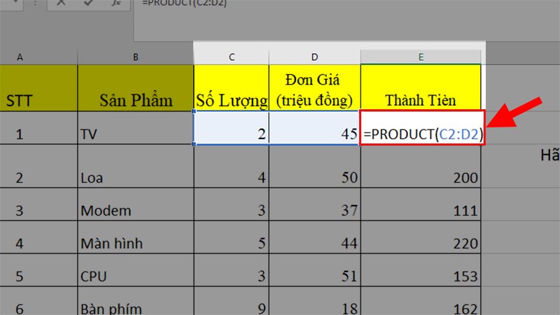 Chọn 1 ô để tính tích > Nhập công thức =PRODUCT(C2:D2)