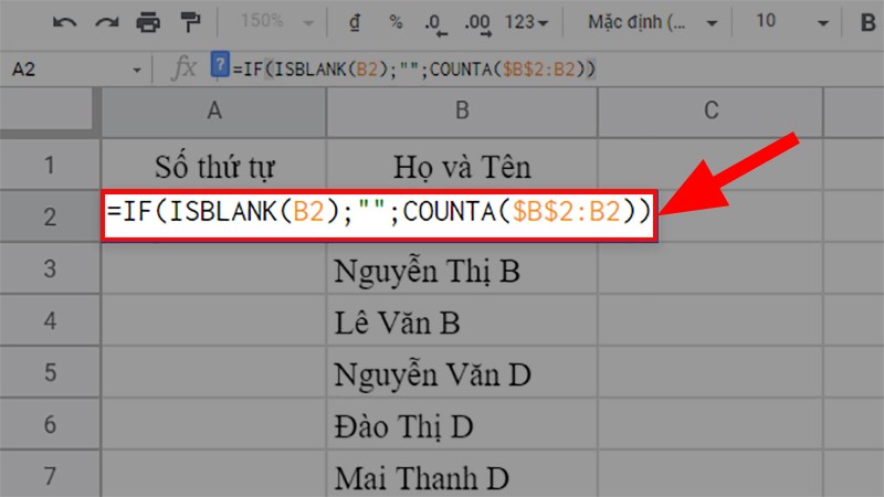 Nhập công thứ như trong hình vào cột cần đánh số thứ tự