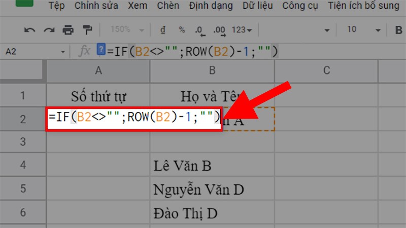 Nhập công thức như trong hình vào cột cần đánh số thứ tự