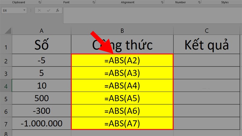 Nhập công thức =ABS(A2) vào ô cần tính