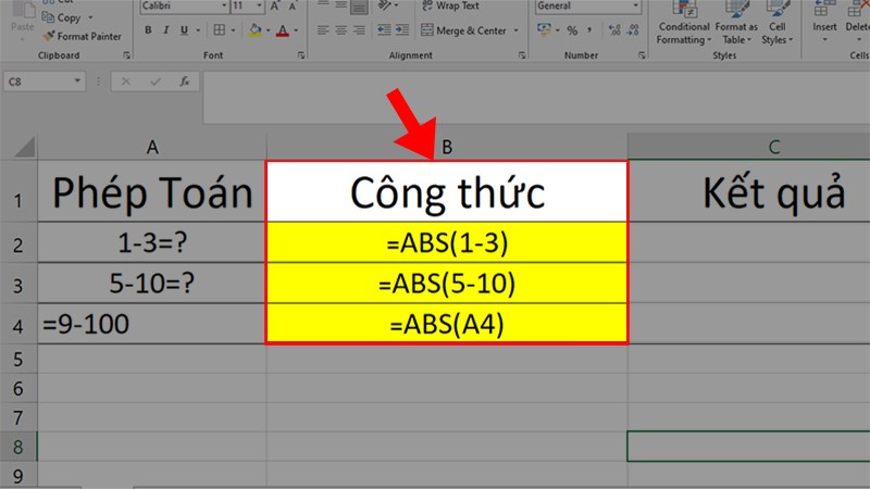 Nhập công thức =ABS(1-3) cho phép tính hoặc =ABS(A4) cho ô chứa phép tính