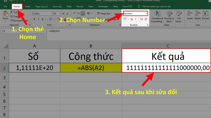 Vào thẻ Home > Mục Number > Chọn kiểu dữ liệu Number để khắc phục lỗi số quá dài sau khi nhấn Enter