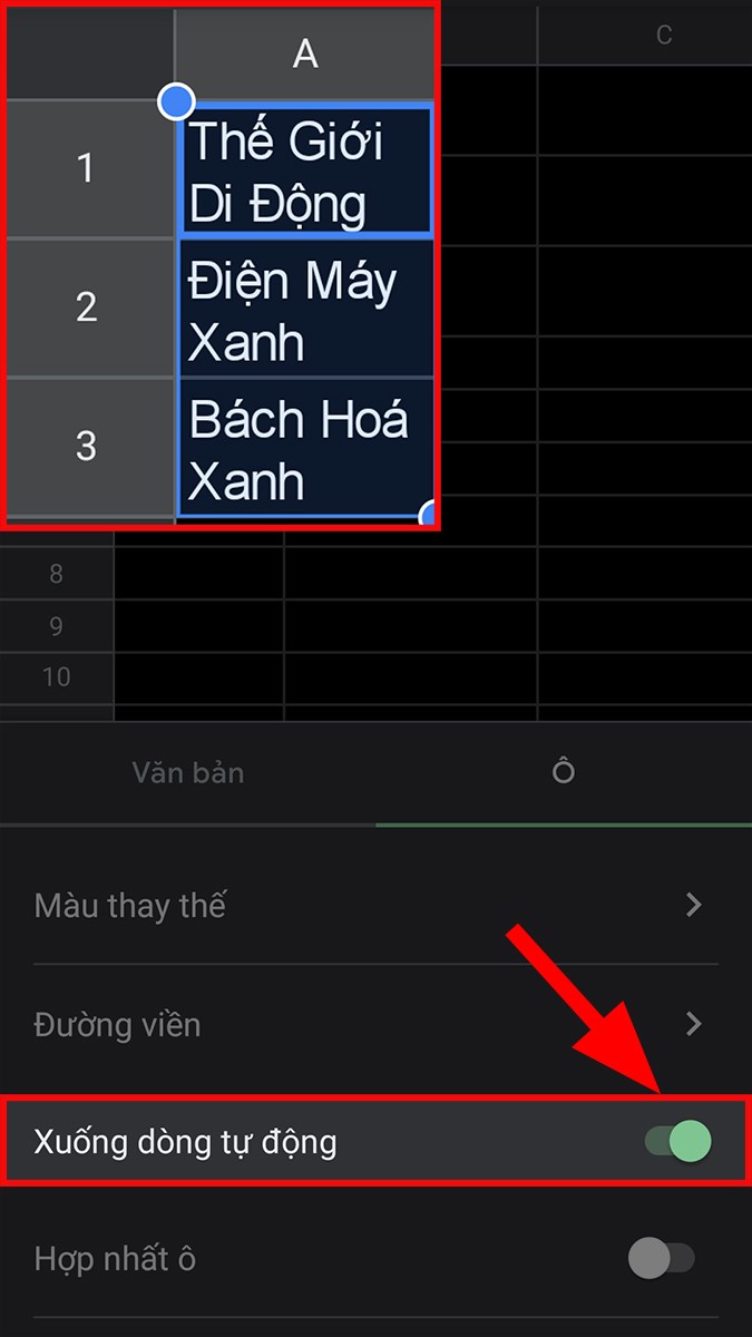 Gạt bật hoặc tắt tính năng Xuống dòng tự động (Wrap Text) để dữ liệu được gói gọn trong 1 ô của Google Sheet