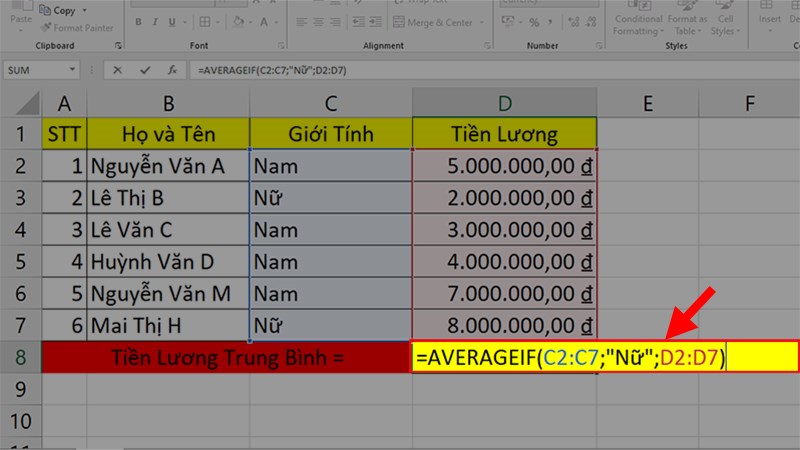 Nhập công thức =AVERAGEIF(C2:C7;