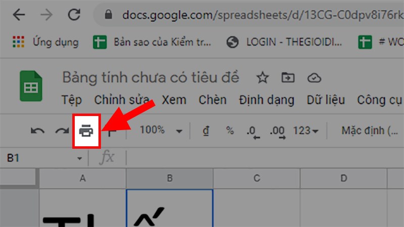 Mở trang Google Sheets cần xem trước khi in > Nhấn vào phần Print