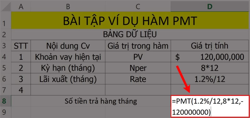 Bài tập hướng dẫn hàm PMT trong Excel.