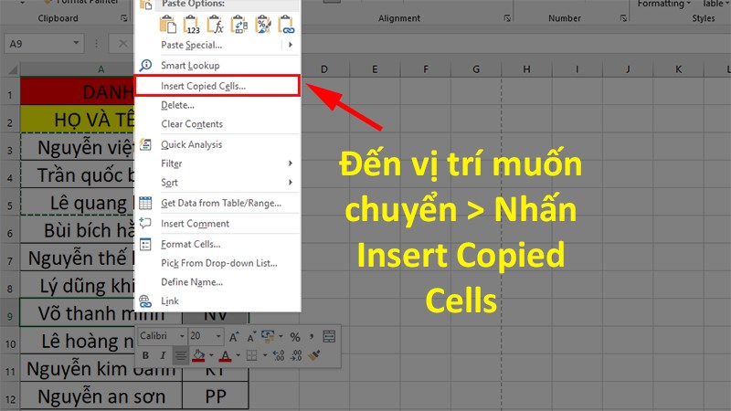  Chọn Insert Copied Cells