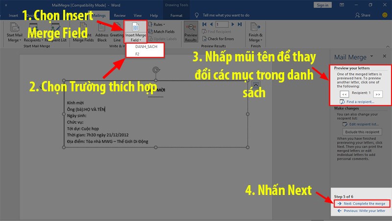 Step 5 Điền tên vào các chỗ trống trong mail merge