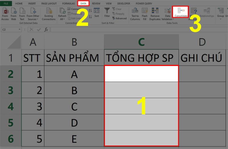 Cách tổng hợp dữ liệu bằng Consolidate.