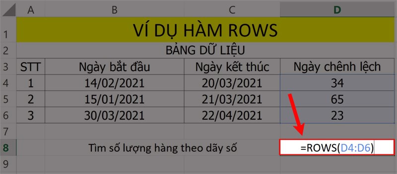 Ví dụ minh họa hàm ROWS.