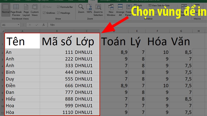 Chọn vùng in bằng cách bôi đen vùng cần in