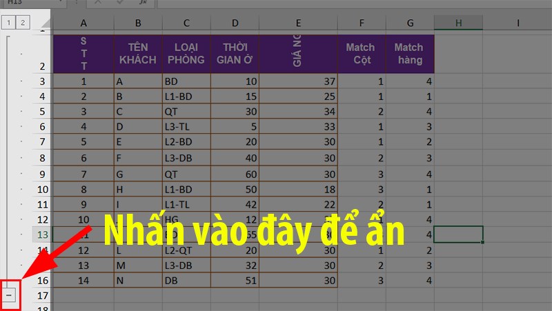 Trên bảng tính sẽ xuất hiện nhóm hàng cột, để ẩn dữ liệu bạn chỉ cần nhấn dấu trừ 