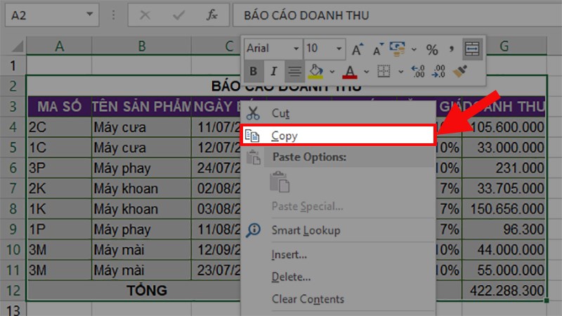 Tô chọn giá trị cần copy > Nhấn chuột phải > Chọn Copy