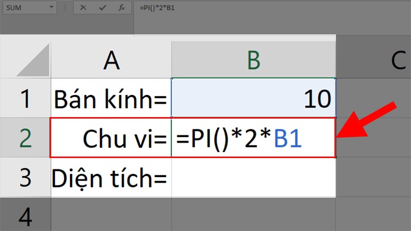 Tính chu vi: Ở ô B2 nhập công thức: =PI()*2*B1