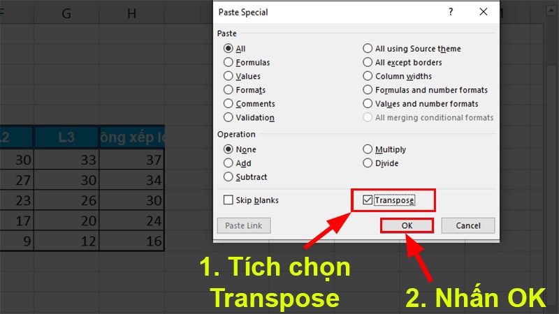 Hộp thoại Paste hiện lên tích chọn Transpose