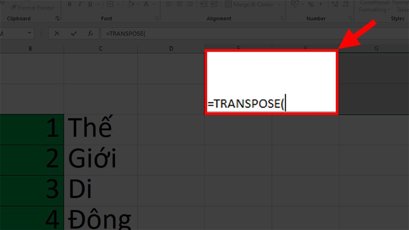 Nhập hàm =Transpose(