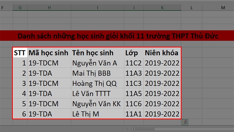 Chọn vùng dữ liệu bạn muốn tạo bảng