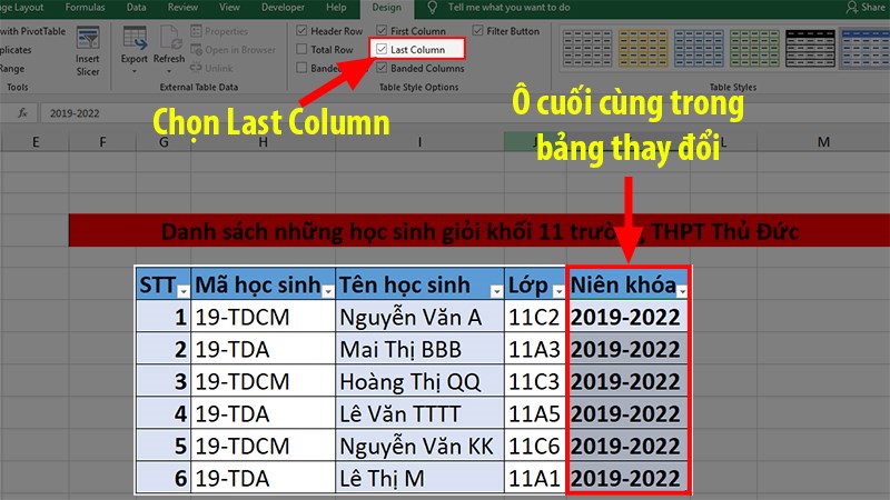 Table Style Options để thay đổi định dạng