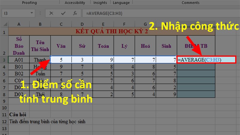 Nhập công thức AVERAGE vào ô trống