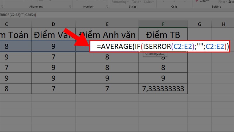 Nhập hàm AVERAGE kết hợp với 2 hàm IF và ISERROR